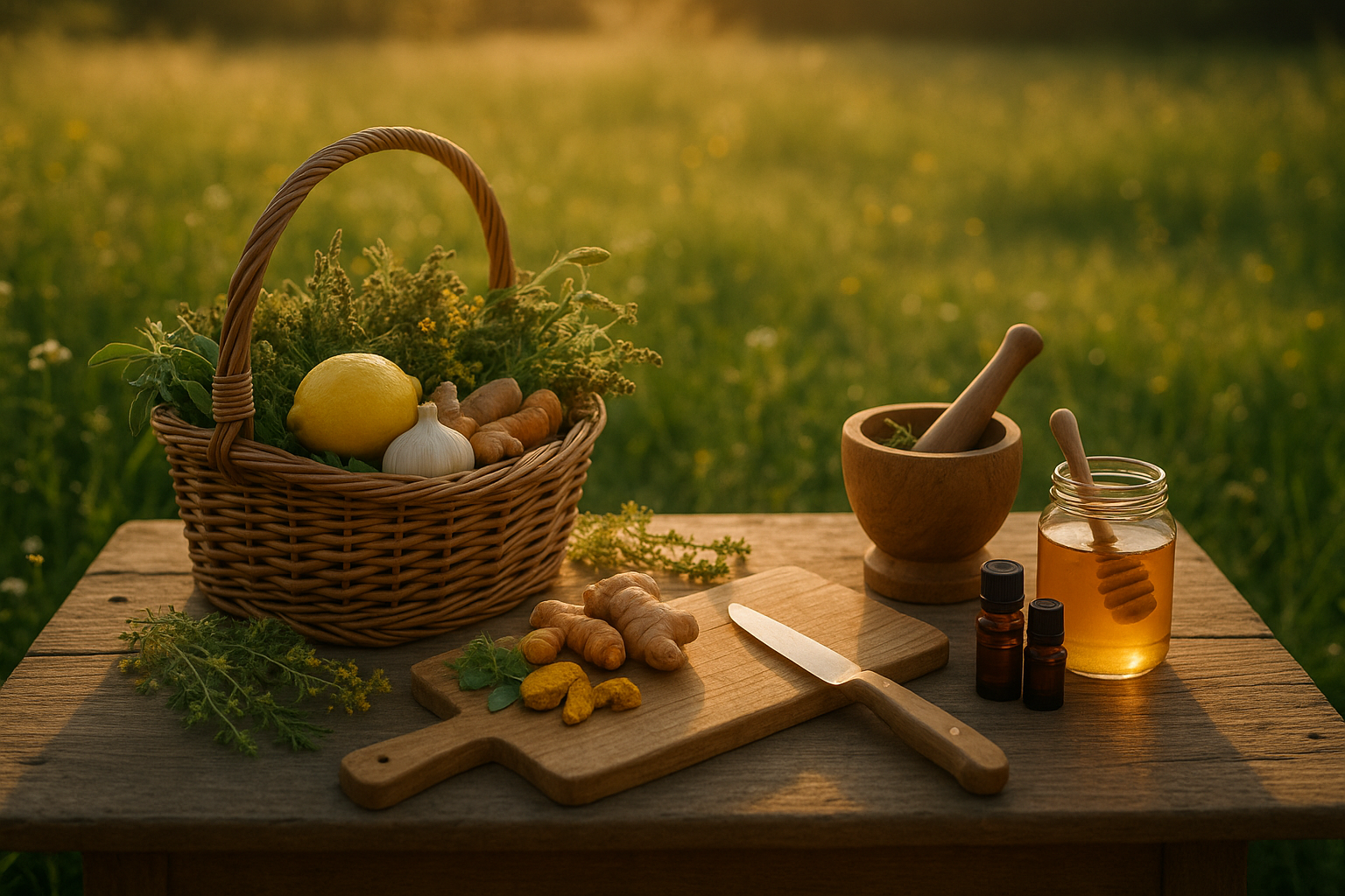Panier rustique dans un champ ensoleillé Panier d’ingrédients naturels pour recettes santé maison